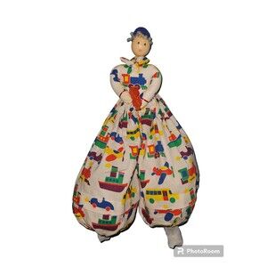 Vtg Homemade Plastic Bag Holder Planes Trains Cars Boy Holding Train Hangs Up